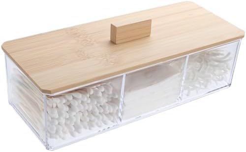 Wood Qtip Holder 3 Compartments Cotton Ball and Swab Holder Organizer with Lid,Jar for Cotton Rounds,Bathroom Containers,Clear Acrylic Desk Organizer for Makeup Pads,Cosmetics Bedroom