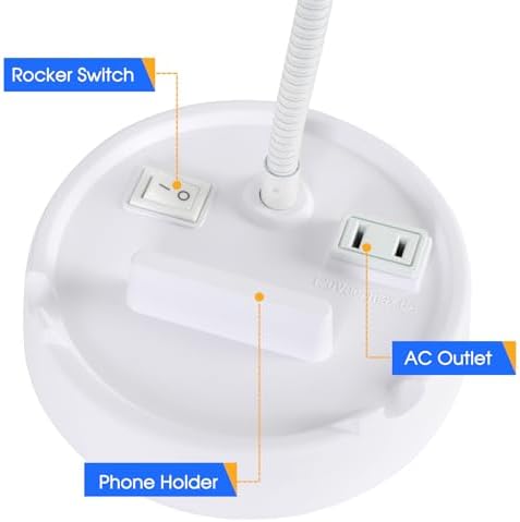 Energetic LED Desk Lamp with Phone Holder, Table Lamp with AC Outlet, Adjustable Flexible Gooseneck, 4000K, Eye-Care Reading Light for Bedroom, Study, Computer Desk, Living Room, Home Office, White