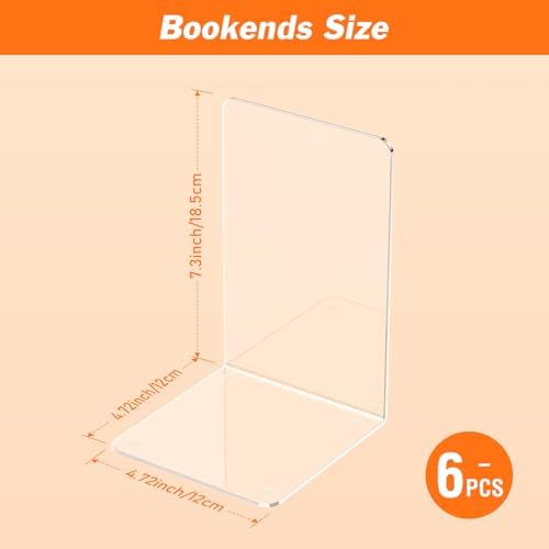 Acrylic Bookends 6 Pcs, Clear Book Ends for Shelves, Bookend Organizer