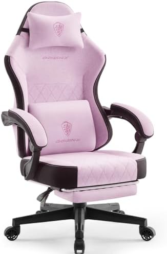 Dowinx Gaming Chair, Fabric Gaming Chairs for Adults with Pocket Spring Cushions and Lumbar Support, Ergonomic Massage Computer Chair with Footrest for Big and Tall, Pink