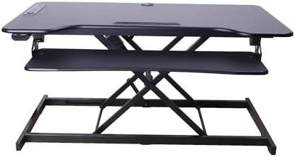 Rocelco 46" Electric Standing Desk Converter with AC Outlet USB Charger - Motorized Height Adjustable Sit Stand Up Triple Monitor Riser - Tabletop Workstation Large Keyboard Tray - Black (R EDRB-46)