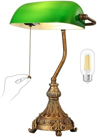 Vintage Green Glass Bankers Desk Lamp, LED Bulb Included