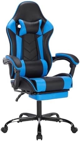 Blue Ergonomic Gaming Chair for Adults with Footrest and Massage