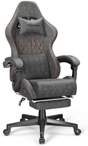 Ferghana Vintage PU Leather Gaming Chair, High Back Gamer Chair with Massage, Ergonomic Computer Office Chair with Footrest for Adults, Racing Style Reclining Video Game Chair Steel Gray