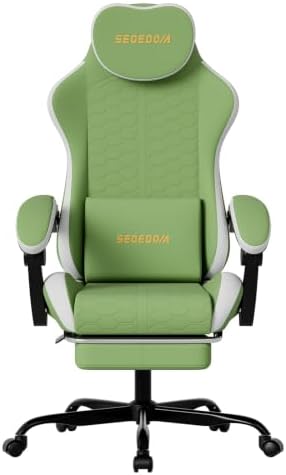 Honeycomb Embossed Gaming Chair with Footrest & Massage Lumbar Support, Adjustable Ergonomic Office Chair for Adults, 300 lbs (Green White)