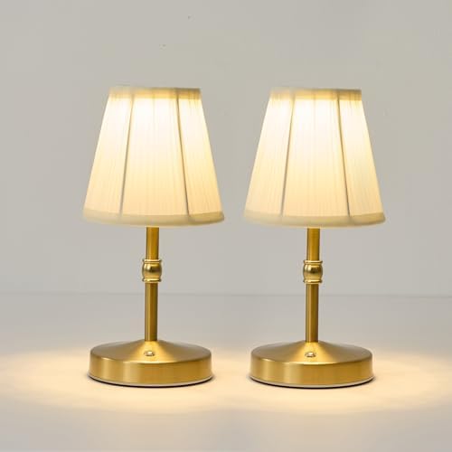 Cordless Mini Lamps Gold,3000 mah Battery Operated Lamp,3 Color Temperature Dimmable Table Lamp,Small Rechargeable Table Lamp Fabric,Aesthetic Small kitchen Lamp for Counter,Dinner (Gold,2 Pack)