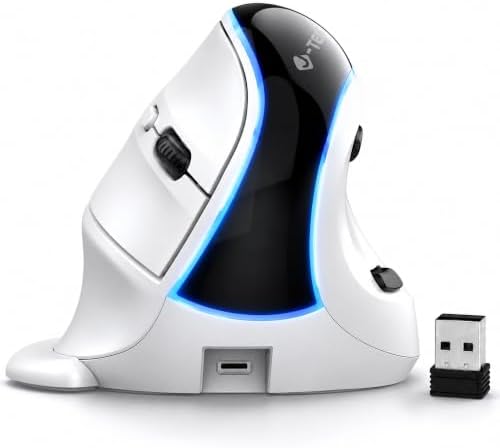 J-Tech Digital Wireless Mouse, Vertical Ergonomic Mouse with Bluetooth Dual Modes + USB Dongle + Rechargeable w/ 2.4GHz Wireless + Adjustable DPI 3200 for Laptop, Desktop, PC, Mac [V638W], White