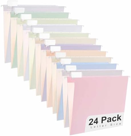 Y YOMA 24 Pack Colored Hanging File Folders Letter Size Decorative Hanging Folder Cute Pretty File Folder for Filing Cabinet Drawer Office Home with 1/5-Cut Adjustable Tabs, Soft Color
