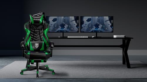 Vonesse Gaming Chair, Big and Tall Gaming Chair with Footrest and Massage, Gaming Chairs for Adults with Lumbar Support, Ergonomic High Back Computer Chair with Pocket Spring Cushion (Green/Black)