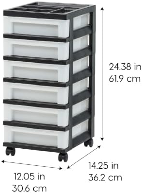 IRIS USA 6-Drawer Rolling Storage Cart with Organizer Top, Black/Pearl
