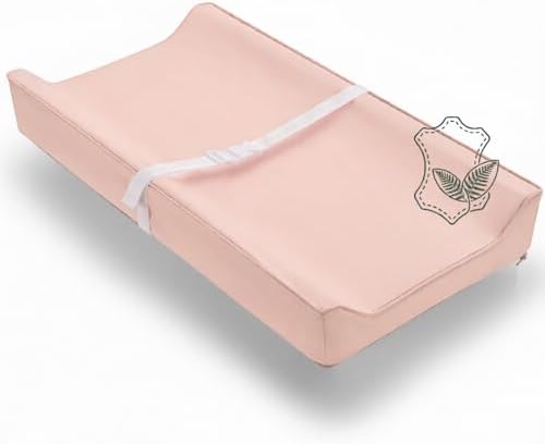 Vegan Leather Contoured Baby Changing Pad | Waterproof & Wipe-Clean PU Leather Diaper Change Mat, Soft, Wipeable Cover, Safety Strap, Non-Slip Bottom, Topper for Standard Infant Diaper Table & Dresser