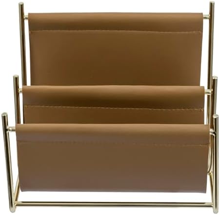 MyGift 2 Slot Modern Mail Holder, Deluxe Brass Tone Metal and Toffee Brown Leatherette Sling Entryway or Desktop Tabletop Letter Sorter