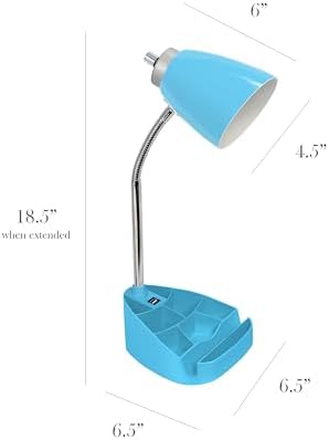 Simple Designs LD1093-BLU 18.5" All-in-One Gooseneck Desk Lamp with iPad Stand, Book Holder, and Convenient USB Port, for Office, Bedroom, Living Room, Blue