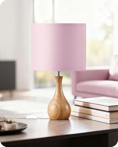 Pink Table Lamp, 14.2" Small Bedside Lamp, Modern Nightstand Lamp with Pink Linen Lampshade & Wood Bottle-Shaped Base, E26 Socket, Cute Desk Lamp for Girl's Room, Bedroom, MP09TL05