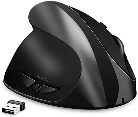 AURTEC Left-Handed Mouse, Rechargeable 2.4G Wireless Ergonomic Vertical Mice with USB Receiver, 6 Buttons and 3 Adjustable DPI 800/1200/1600 for Left Hand, （Black）