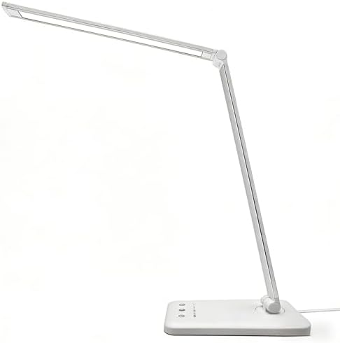 LED Desk Lamp with USB Charging Port, 5 Color Modes, 10 Dimmable Brightness Levels, Eye-Caring Reading Light, Touch Control & 30/60 min Auto Timer, Silver