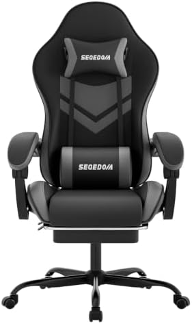 Gaming Chair with Footrest & Massage Lumbar Support, PU Leather Ergonomic High Back Swivel Height Adjustable Chair for Adults, Office Gaming, 300 lbs (Black Grey)
