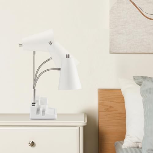 Desk Lamp Cute for Small Space, Lamp Desk with USB Port and Outlet, Desk Lamps for Home Office with Pen Holder, Study lamp for College Dorm Room, Flexible Arm, White