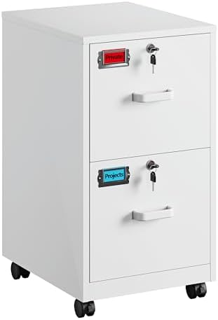 PEUKC 2 Drawers Mobile File Cabinet with Lock, Under Desk Rolling File Cabinet for Home Office, Organizes Letter Legal A4 Files, White(Assembly Required)