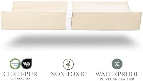 Vegan Leather Contoured Baby Changing Pad | Waterproof & Wipe-Clean PU Leather Diaper Change Mat, Soft, Wipeable Cover, Safety Strap, Non-Slip Bottom, Topper for Standard Infant Diaper Table & Dresser