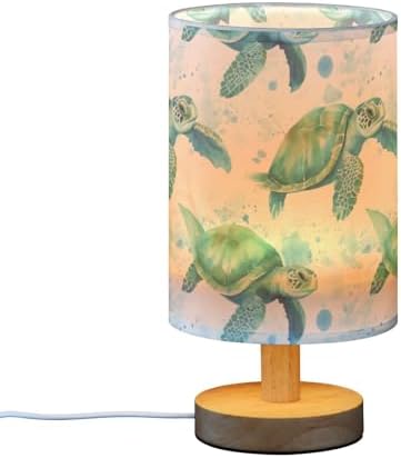 Bedside Lamp Sea Turtles Teal Table Lamp for Bedroom LED Nightstand Lamp Shade USB Ports Wood Base for Living Room Dorm Office