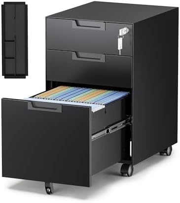 3-Drawer File Cabinet with Lock, Under Desk Rolling Filing Cabinet for Legal/Letter/A4 File Folder, Printer Stand, Metal Storage Cabinet on Wheels for Home Office(Fully Assembled，Black)