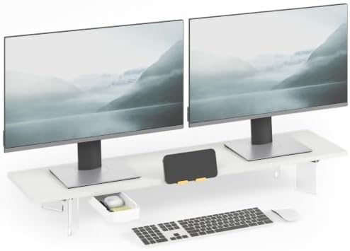TEAMIX White Dual Monitor Stand with Acrylic Leg & Drawer & Phone Holder
