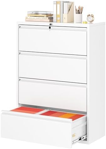 Superday Lateral File Cabinet 4 Drawer Metal File Cabinet with Lock, White Filing Cabinets for Home Office, Locking Filing Cabinets Hanging Files Letter/Legal/F4/A4