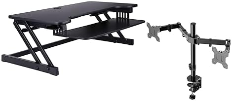 Rocelco 37.5" Deluxe Height Adjustable Standing Desk Converter with Dual Monitor Mount BUNDLE - Quick Sit Stand Up Computer Workstation Riser - Large Retractable Keyboard Tray - Black (R DADRB-DM2)