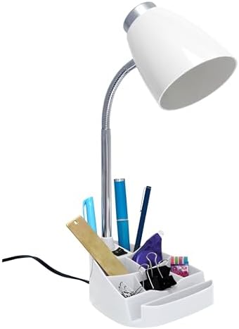Simple Designs LD1067-WHT Compartmental Desk Lamp with iPhone/iPad/Tablet Stand, Bendable Gooseneck, for Office, Living Room, Nightstand, Library, Entryway, White