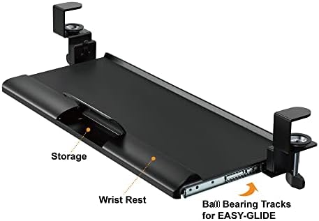 Kantek Desk Clamp Tilting Keyboard Tray, 5 Tilt Angles, Negative and Positive Tilt, Slides Under Desk, 26.8-Inch W x 11.1-Inch D, Black (KT175)