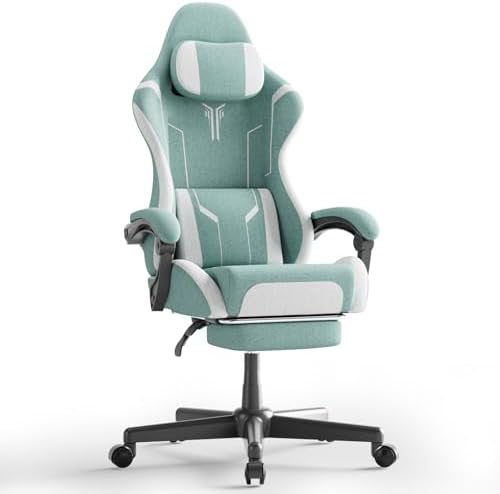 Ferghana Fabric Ergonomic Gaming Chair, High Back Computer Chair with Footrest and Linkage Armrest, Office Video Game Chair with Massage Lumbar Support for Adult, Green/White