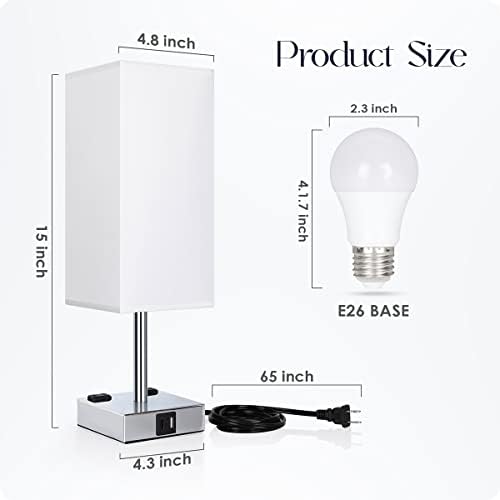 Bedside Lamp with USB Ports - Touch Control Table Lamp for Bedroom with USB C+A Charging Ports & AC Outlets, 3 Way Dimmable Nightstand Light for Living Room (LED Bulb Included, Chrome - White)