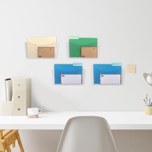 EASEPRES 4 Pack Clear Single Pocket Hanging File Organizer, Plastic Wall Mount Paper Mails Magazines Holder, Mounted Folder Bins for Office, School and Home, 13.85x3.14x6.88 inches