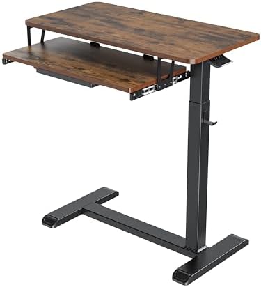 Fydeamer Height Adjustable Mobile Overbed Table with Keyboard Tray, Walnut