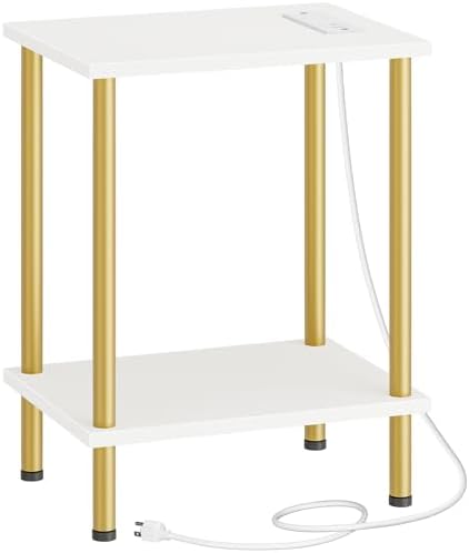 HOOBRO Side Table with Charging Station, End Table with USB Port and Outlet, Nightstand with 2-Layer Storage Shelves for Small Spaces, Living Room, Bedroom, Stable Frame, White and Gold DW09UBZ01