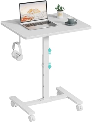 WINAZ Small Portable Rolling Desk Adjustable Height, 24 Inch Mobile Laptop Desk with Wheels for Dorm Room, C-Shaped Table for Sofa and Bed Side, Study Table for Students, White