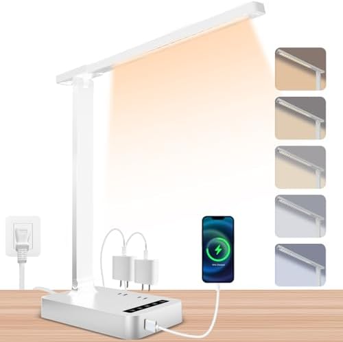 Smart Desk Lamp with 4-in-1 Charging Station (2 AC outlets, Type-C, USB-A ports), 5 color temperatures and 5 brightness levels, adjustable gooseneck arm, eye-friendly lighting for desks, bedrooms