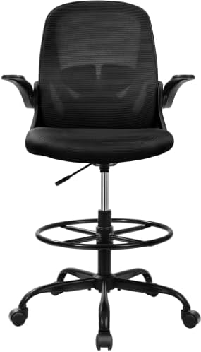 Primy Drafting Chair Tall Office Chair with Flip-up Armrests Executive Ergonomic Computer Standing Desk Chair with Lumbar Support and Adjustable Footrest Ring (Black) (Pack of 2)