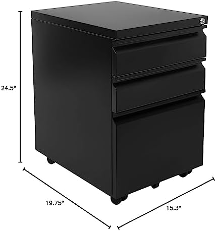 Mount-It! 3 Drawer File Cabinet with Lock and Wheels, Heavy-Duty Steel Rolling Drawer Cabinet, Fully Assembled Under Desk Filing Cabinet for Home Office Storage, 15.3" W x 19.75" D x 24.5" H, Black