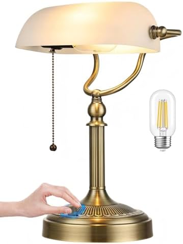 White Matted Stepless Dimmable Glass Bankers Desk Lamp