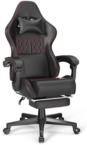 Ferghana Vintage PU Leather Gaming Chair, High Back Gamer Chair with Massage, Ergonomic Computer Office Chair with Footrest for Adults, Racing Style Reclining Video Game Chair Black