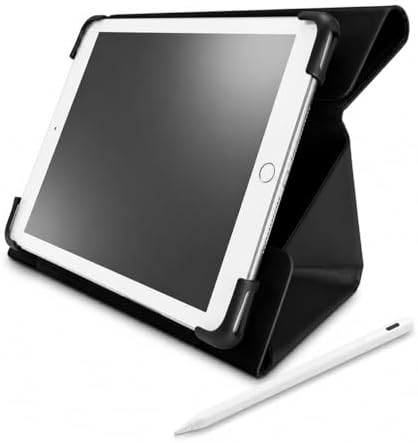 Insignia FlexView 10" Universal Folio Case (Black) with Active Stylus for iPad (White) – Adjustable Stand, Protective Cover, Touch Precision Pen