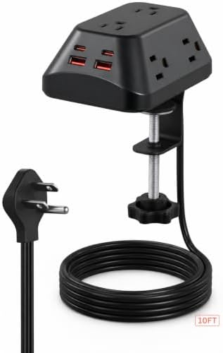 Desk Clamp Power Strip, 6 AC, 2 USB-C & 2 USB-A, 1440J, 10FT Cord