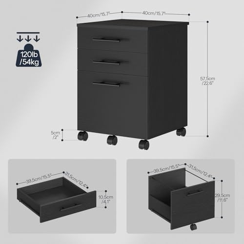 HOOBRO 3-Drawer File Cabinet, Wooden Under Desk Filing Cabinet, fits A4/Letter Size for Home Office, Small Rolling Storage Drawer Chest, Printer Stand with Drawers, Black BK02WJ01G1