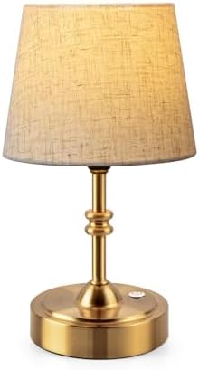 ONEWISH Small Cordless Lamp, Battery Operated Table lamp Dimmable, 4000mAh Rechargeable, Touch Bedside Lamp with Beige Linen Fabric Shade, 2700K Bulb Included, for Dining, Patio, Bathroom(Gold)