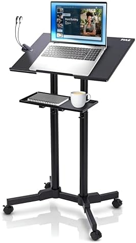 Pyle Lectern Podium Stand | Adjustable Height Top Shelf, Bottom Shelf, Locking Plastic Wheels, & LED Reading Light | Mobile Standing Desk for Classrooms & Presentations | Portable Rolling Table Design