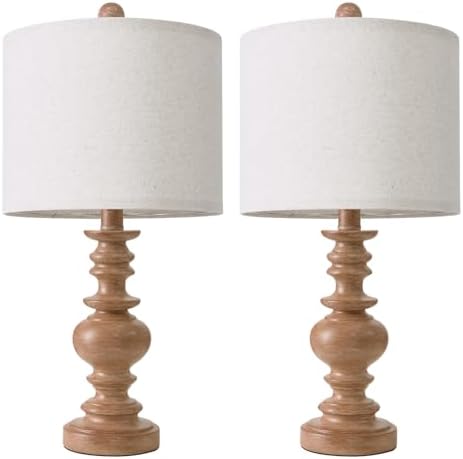 BOBOMOMO 20" Rustic Bedside Lamps Set of 2- Vintage Resin Table Lamps for Nightstands with Linen Shades, Farmhouse Lamps for Living Room, Bedroom, and Hallway (Light Brown) - Ideal for Compact Spaces