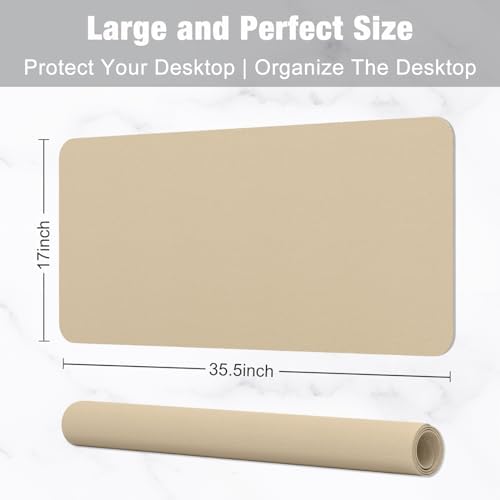 Hsurbtra Desk Pad, 35.5" x 17" PU Leather Desk Mat, XXL Extended Mouse Pad, Waterproof Desktop Blotter Protector, Non-Slip Ultra Thin Large Laptop Keyboard Writing Mat for Office Home, Beige
