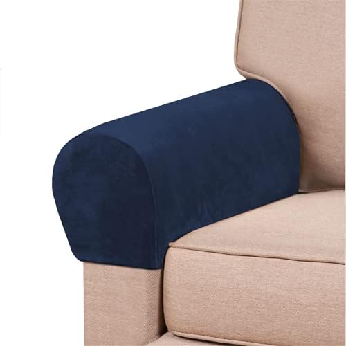 2 Pack Velvet Stretch Armrest Covers - Non Slip Sofa Chair Covers, Soft Elastic Arm Protectors for Living Room Couch, Office Chair, Recliner (Navy)